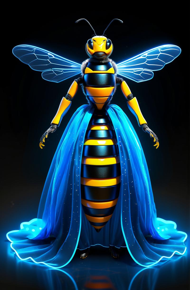 04733-3940473410-Bee glowing neon blue gown, Realistic style.png